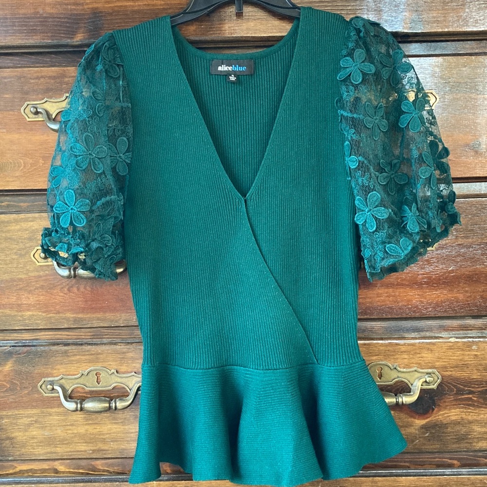 Floral Appliqué Puff Sleeves, Wide Peplum, Faux Wrap Sweater, Ribbed Knit